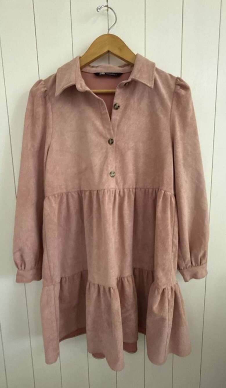 ZARA Pink Corduroy Babydoll Dress Size M Tiered...